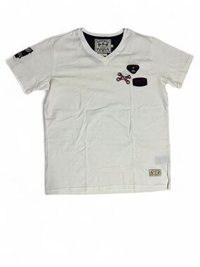 White V-Neck Patch Detail Tee